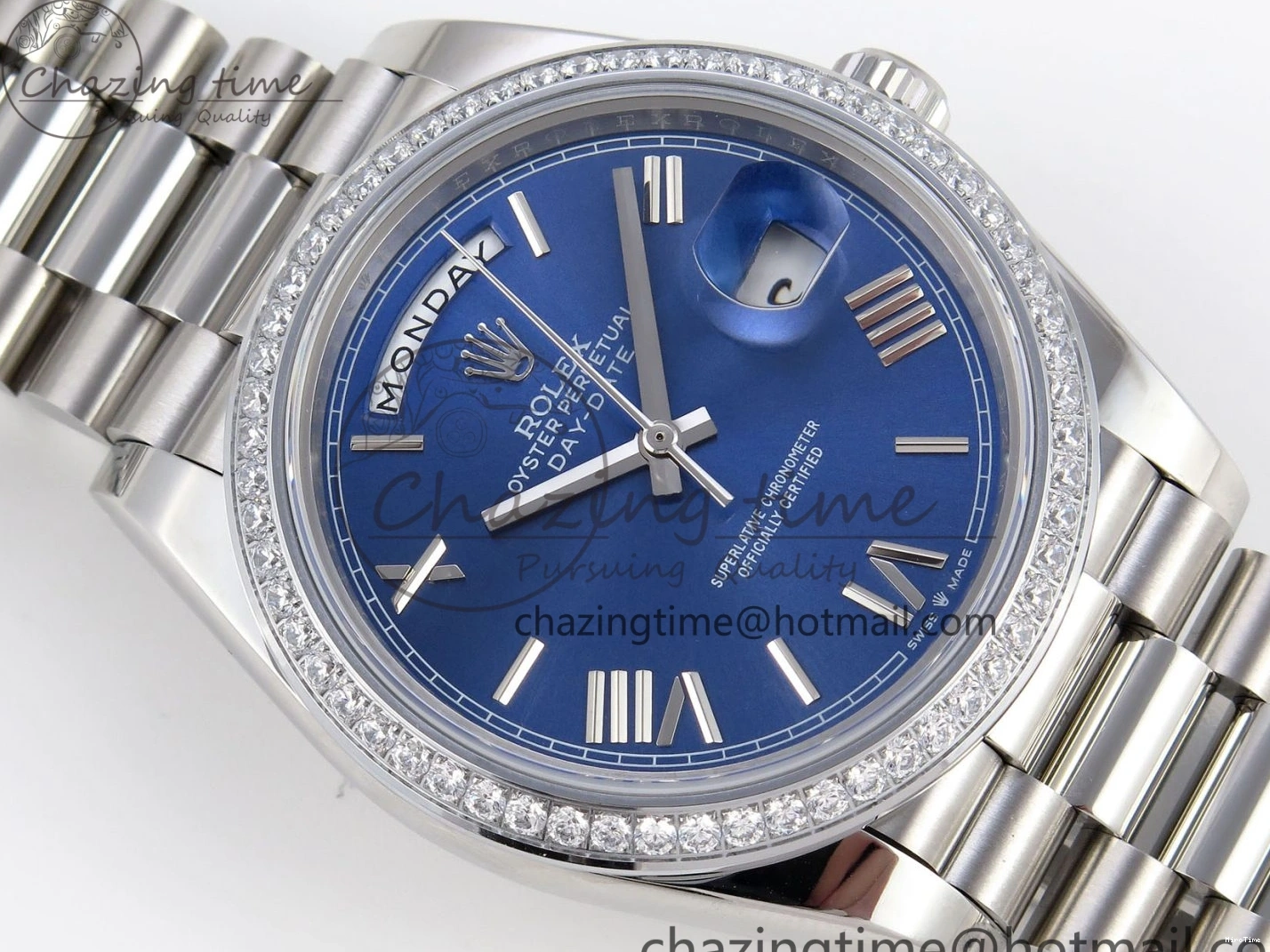 MiroTime 0523 QuickDry DayDate 40 SS GSF Gain Weight Blue Roman Dial Diamonds Bezel on President Bracelet A 1917